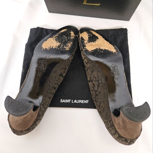 Saint Laurent Almond Toe Kitten Heels In Brown Suede And Velvet Mesh Size 9 - Picture 6 of 12
